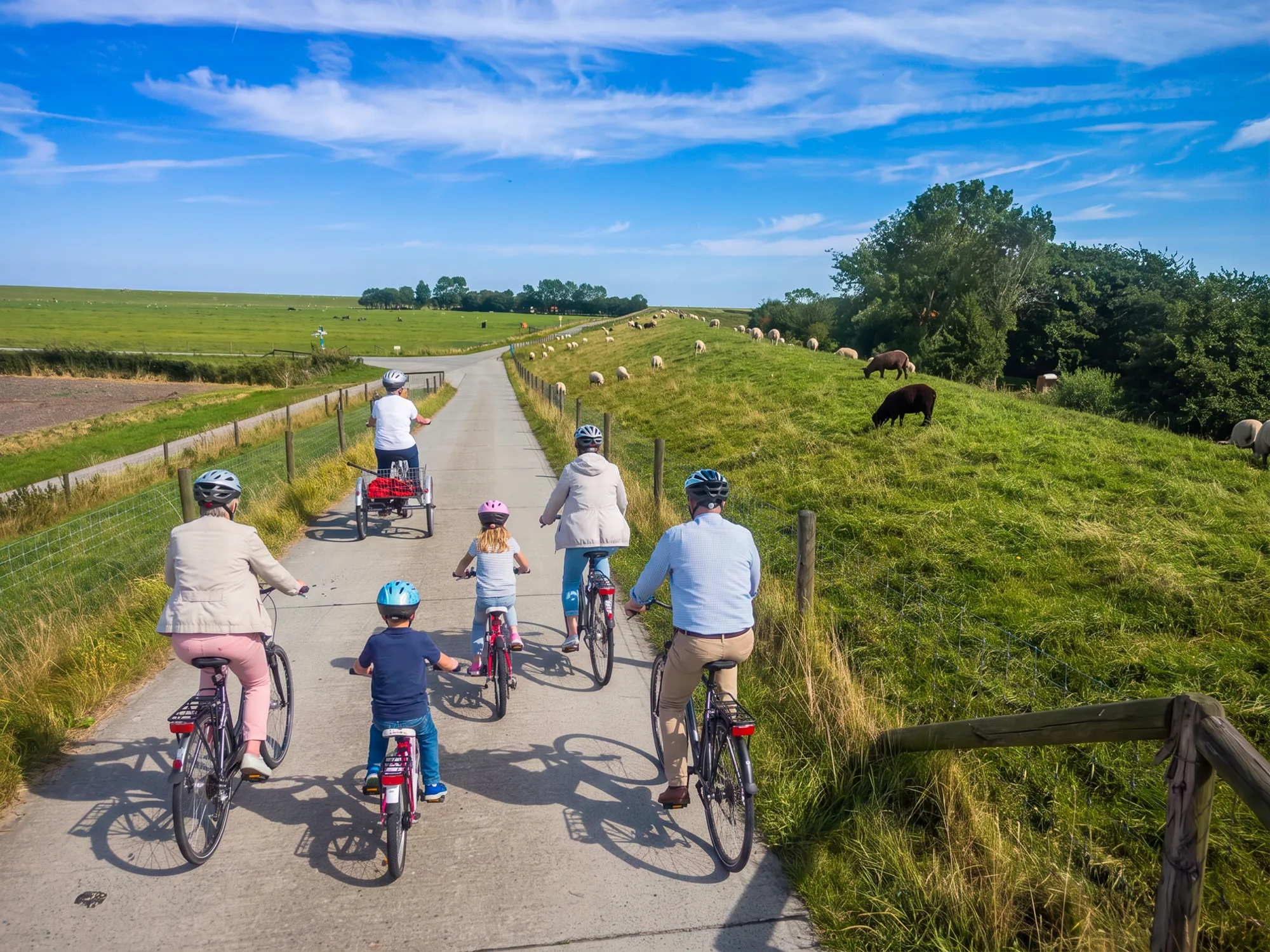 Radfahren auf dem Deichweg am Meer