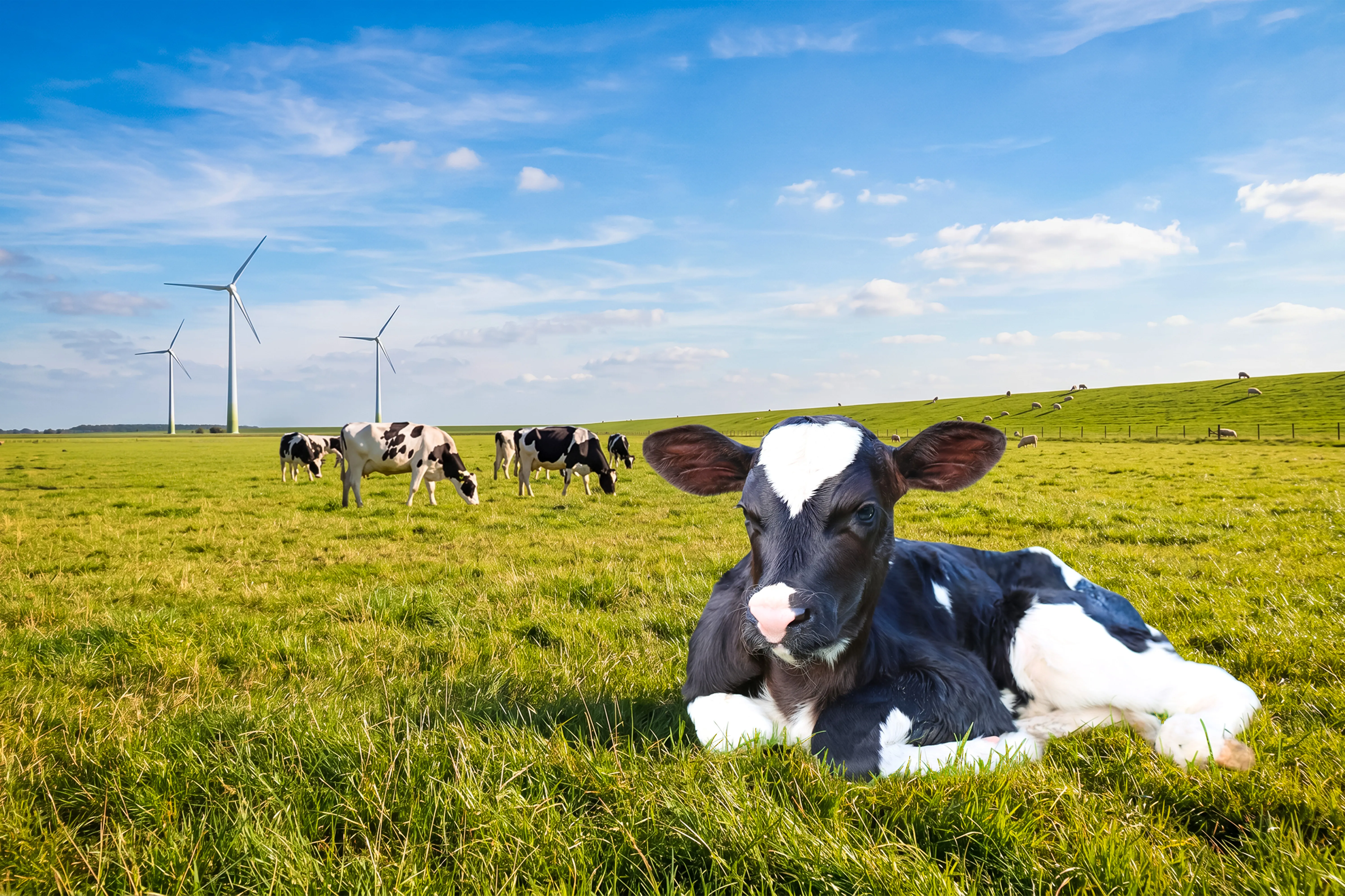 Ein schwarz-weißes Kalb liegt auf der Weide, im Hintergrund grasen Kühe vor Windrädern