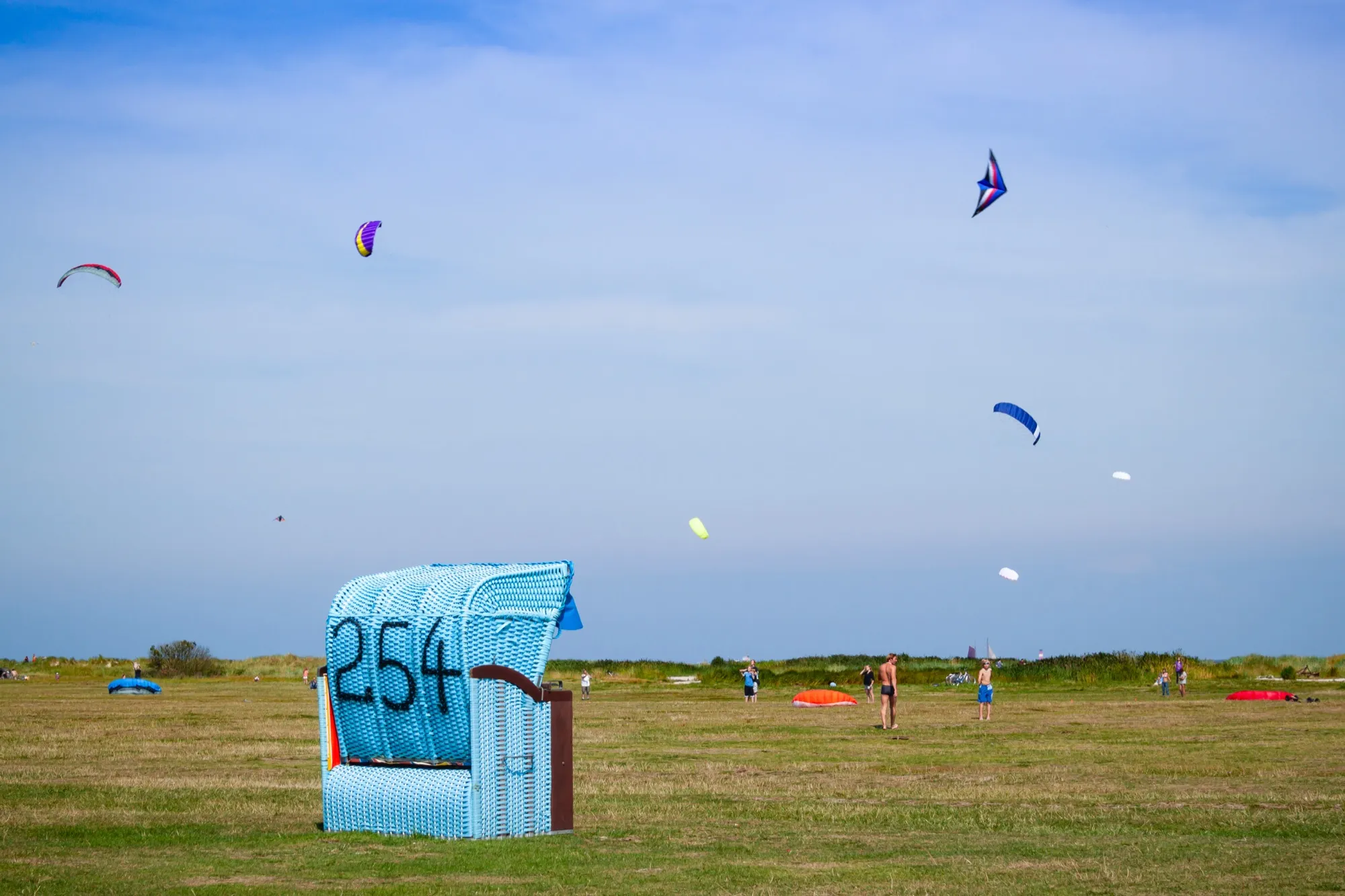 Bunte Drachen am Himmel über dem Strand in Schillig